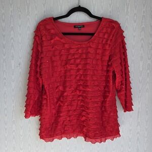 Notations Petite Women's Large Top Glitter Ruffle Holiday Christmas Party Red